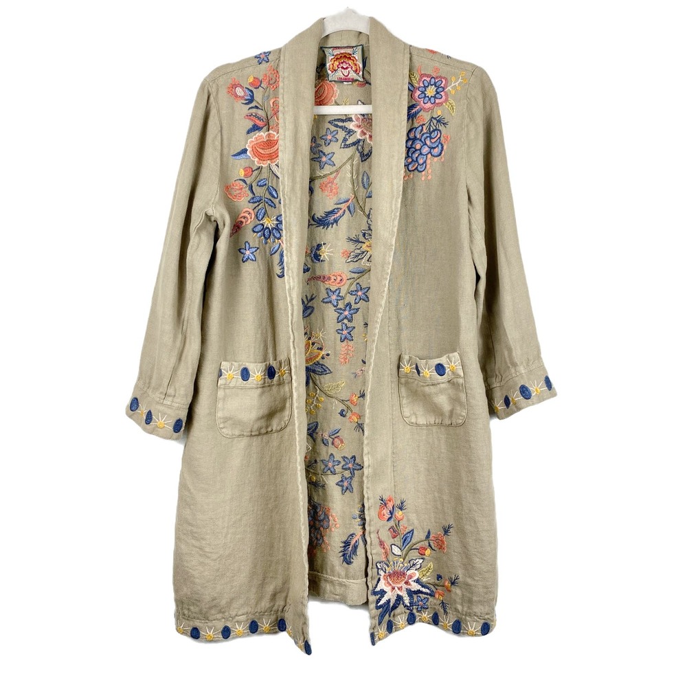 Johnny Was Beige Embroidered Long Jacket with Multicolor Floral Accents